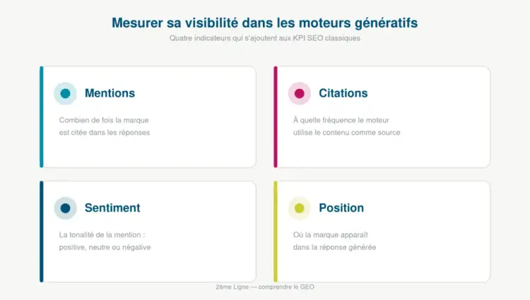 Les quatre métriques de mesure du GEO : mentions, citations, sentiment et position