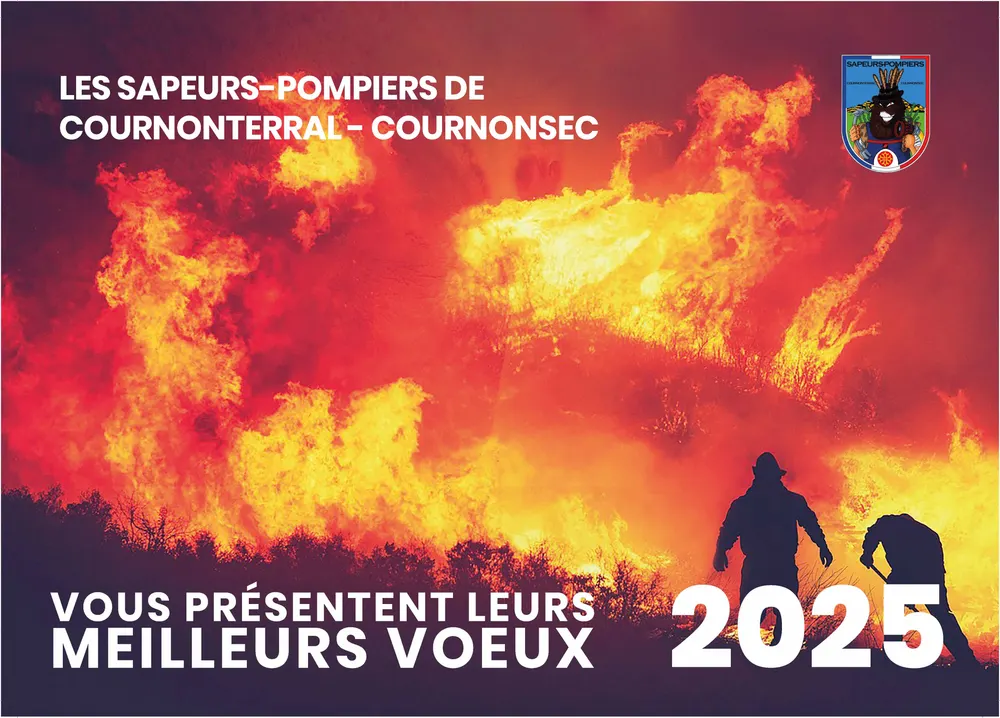 Couverture du calendrier 2025 : deux sapeurs-pompiers en silhouette devant un front de flammes