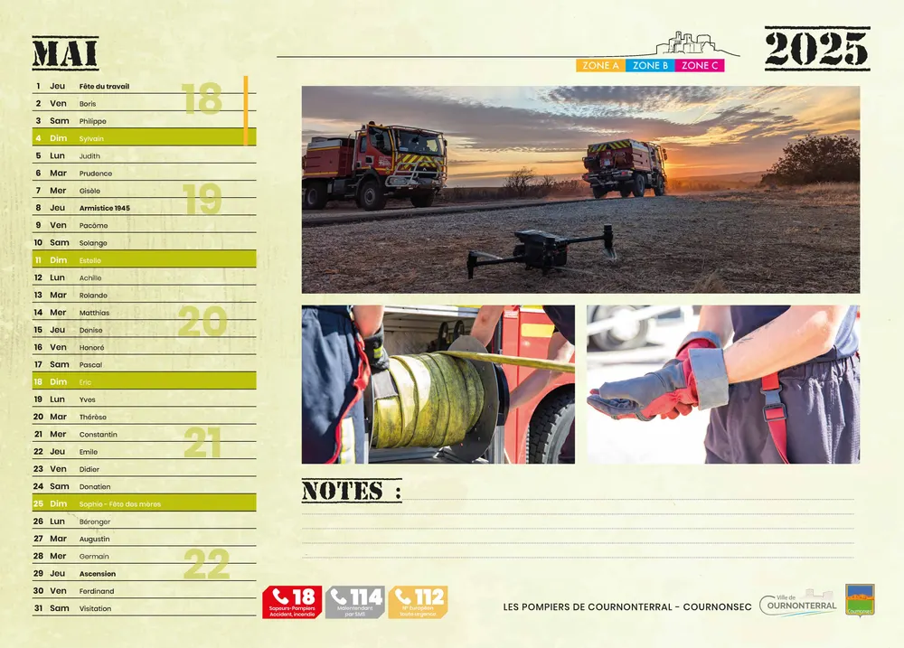 Double page du mois de mai : calendrier du mois à gauche, photos d'intervention et espace notes à droite