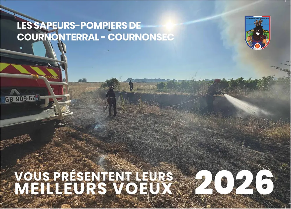 Couverture du calendrier 2026 des sapeurs-pompiers de Cournonterral et Cournonsec, réalisé par 2ème Ligne
